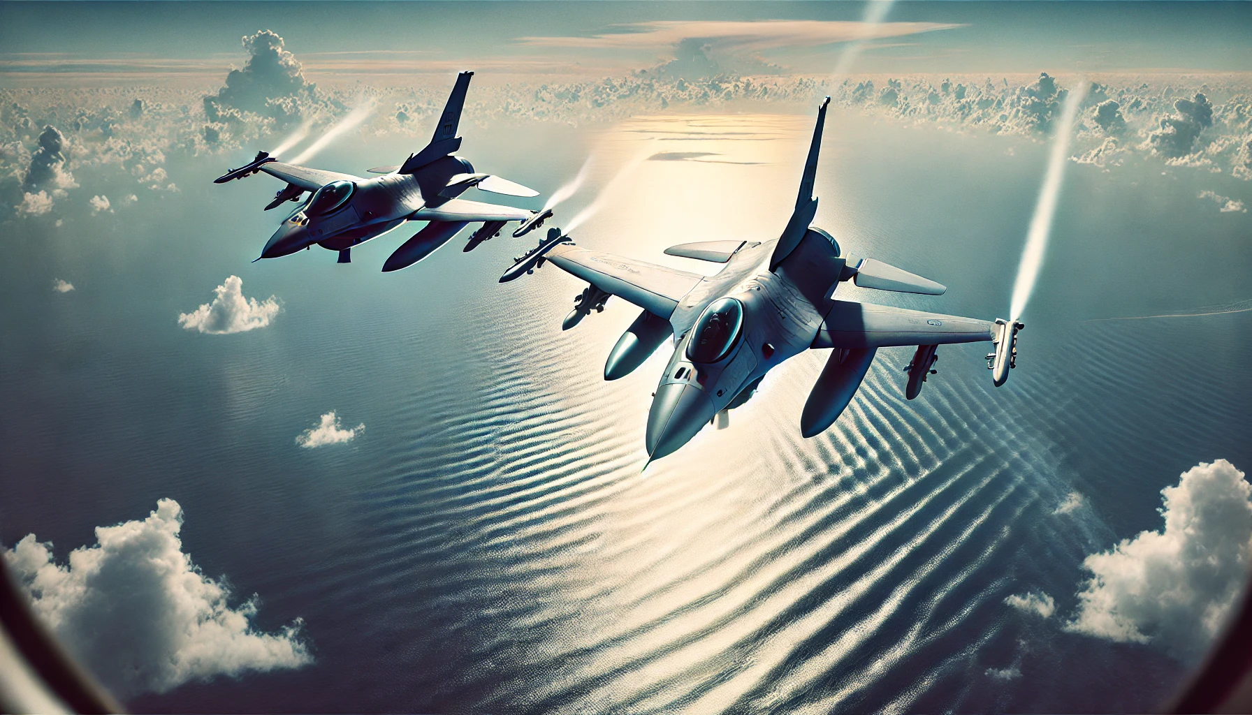 DALL·E 2024-09-30 13.01.37 – Two F-16 fighter jets flying in formation over the ocean. The jets are soaring above a vast, calm sea with clear blue skies and a few scattered clouds