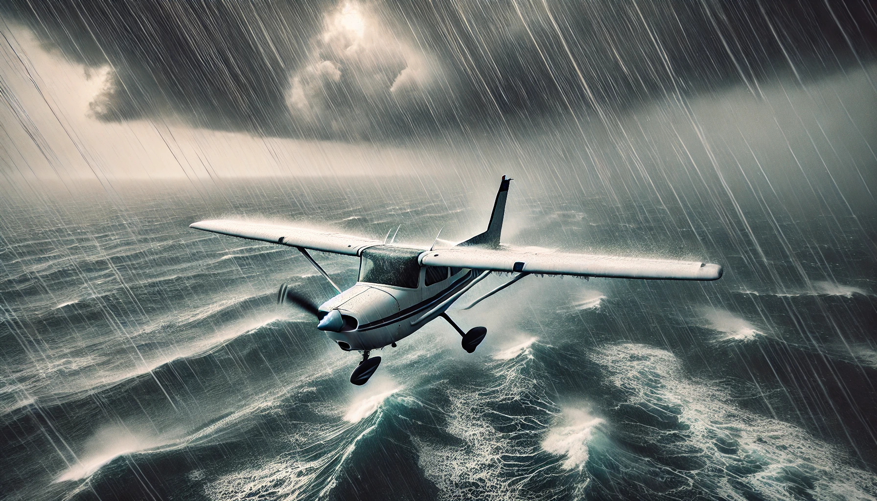 DALL·E 2024-09-30 13.20.54 – A Cessna 152 flying over a rainy ocean. The small aircraft battles through pouring rain and low visibility, with dark storm clouds above and rough oce